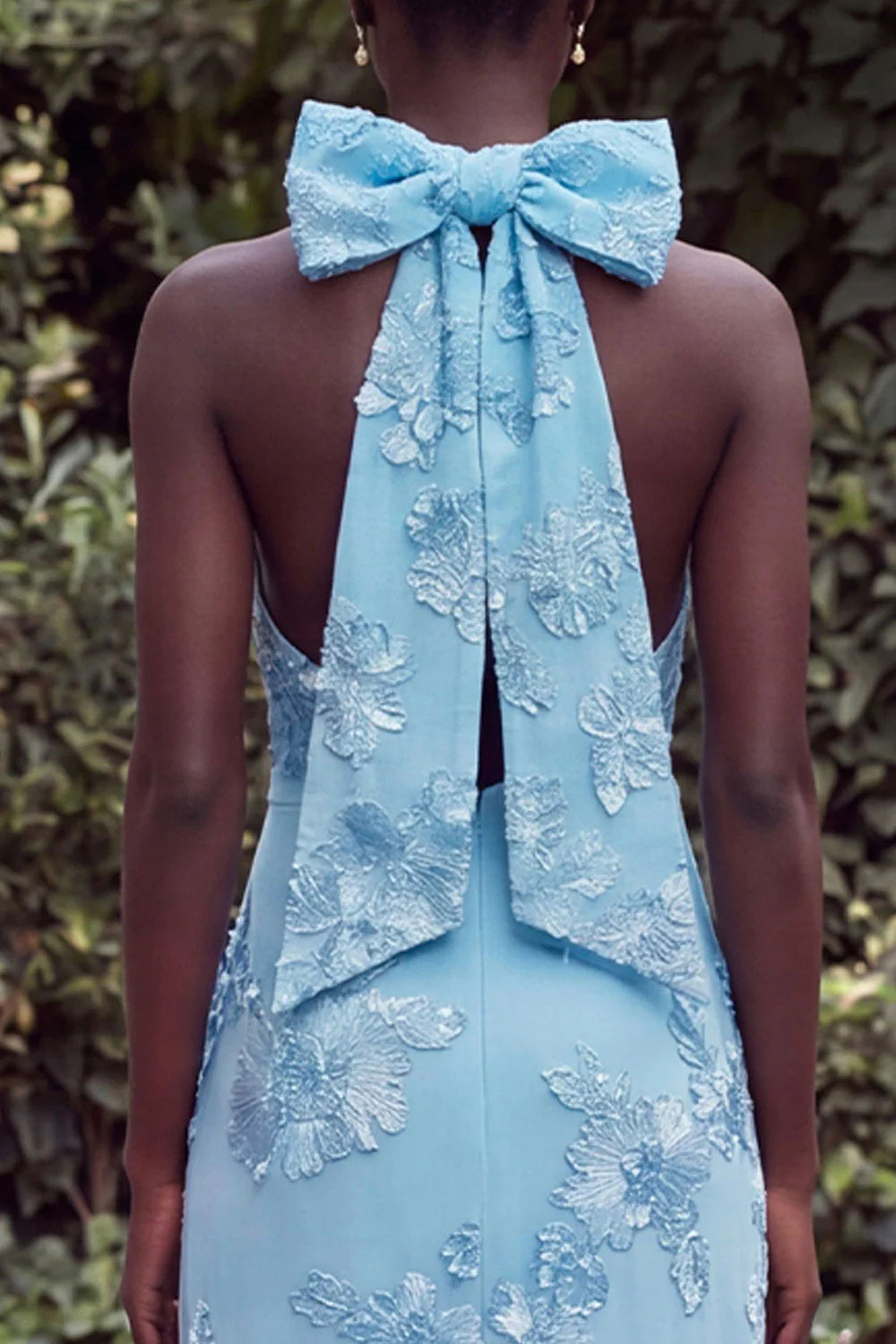 Halter Blue Mermaid Floral Embroidery Bow Keyhole Maxi Dress with Slit