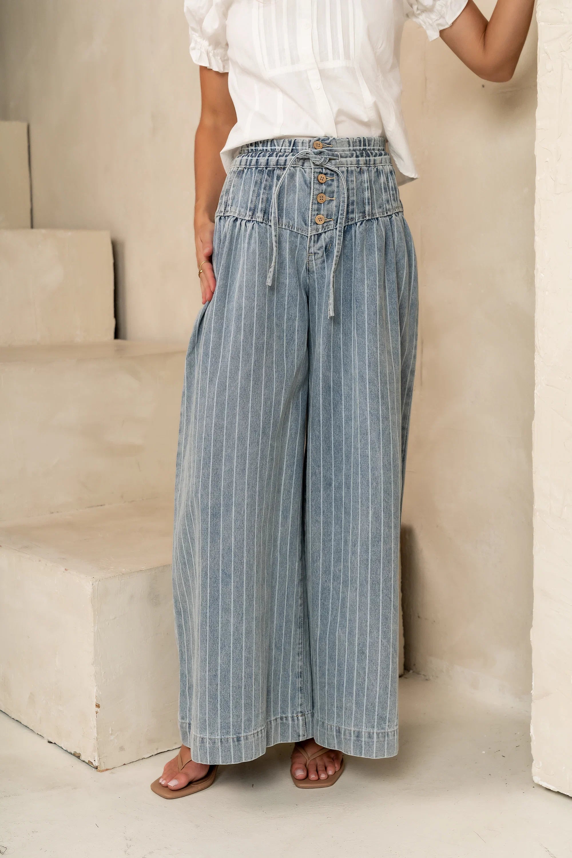 Melanie Striped Wide Leg Pants in Light Wash FINAL SALE