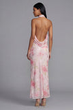 Halter Pink Floral Mermaid Maxi Wedding Guest Dress