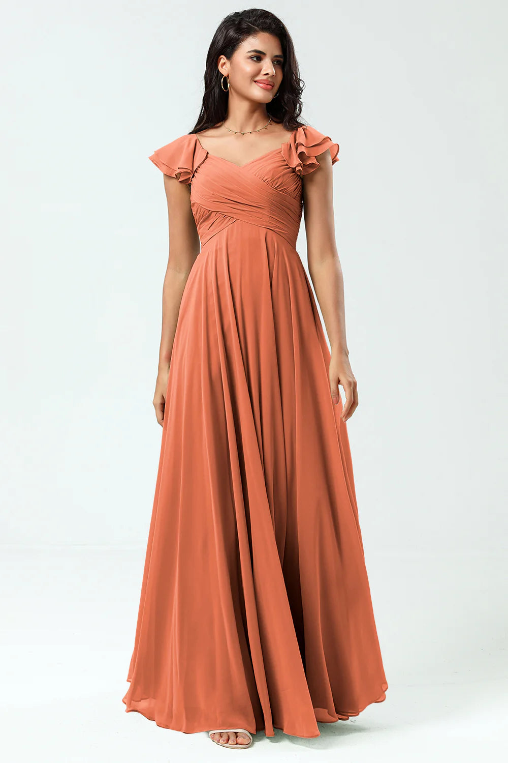 Lace Up Back Cross A Line Chiffon Bridesmaid Dress with Ruffles