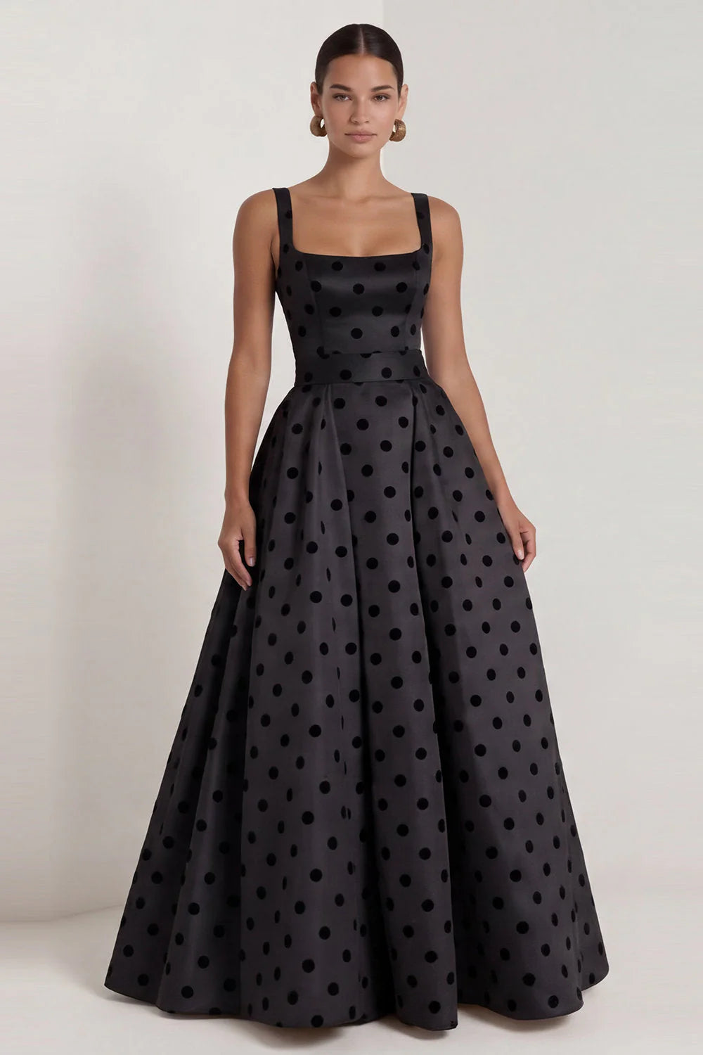 Black A Line Polka Dot Maxi Formal Dress with Bow