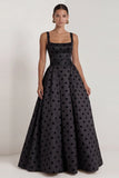 Black A Line Polka Dot Maxi Formal Dress with Bow