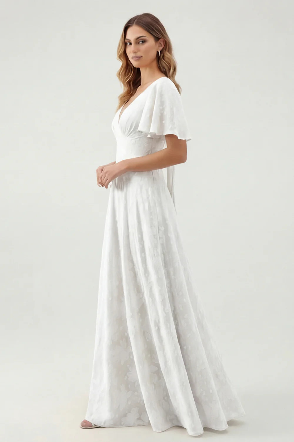A Line Sage Green Floral Jacquard Flutter Sleeves Maxi Dress with Bow Back