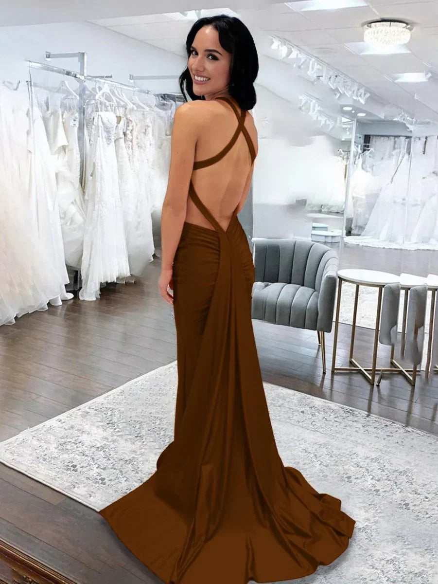 Angela Mermaid Pink V Neck Backless Satin Long Prom Dress