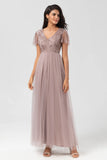 A Line V Neck Embroidered Tulle Dusty Pink Bridesmaid Dress with Beading