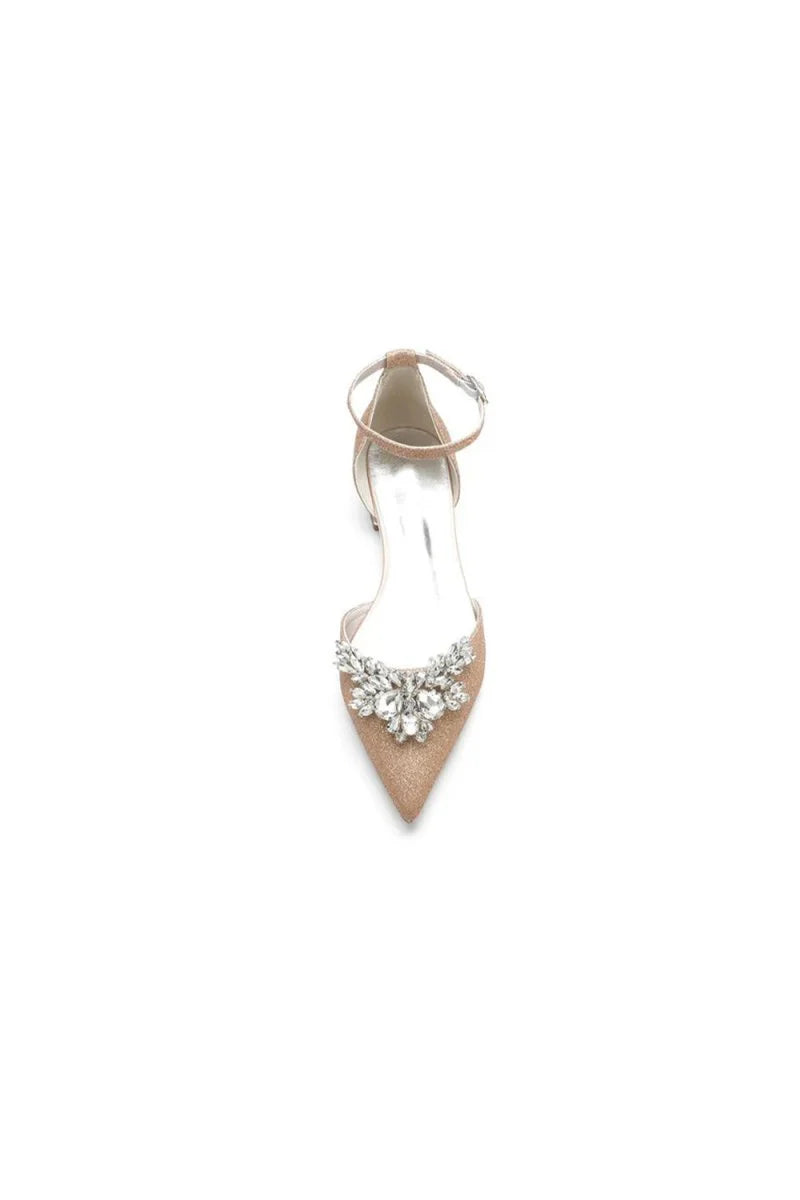 Casual Pointed Toe Ankle Strap Low Heels with Rhinestone