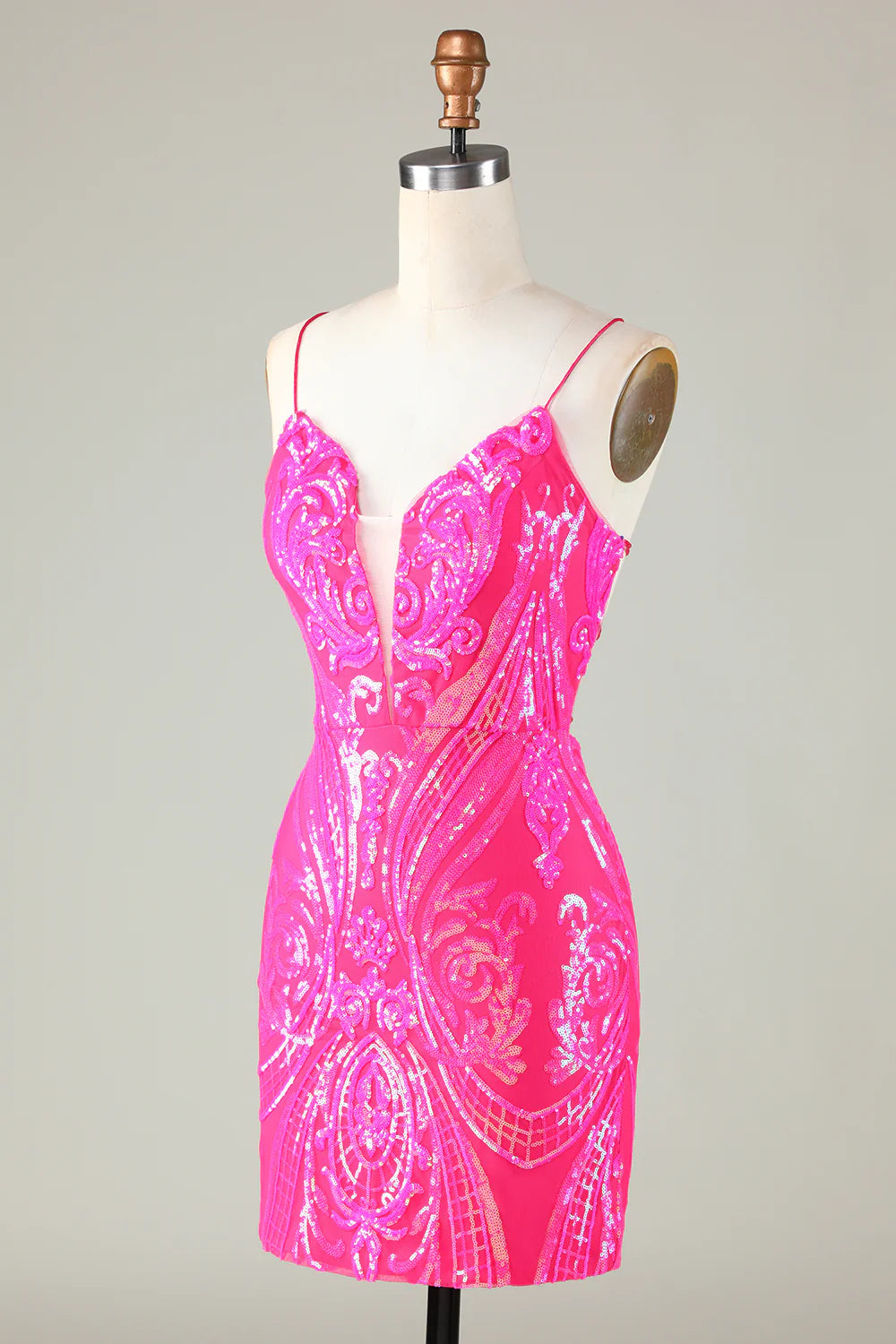 Unique Glitter Hot Pink Tight Short Homecoming Dress with Lace Up Back