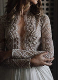 Luxurious Lace Beading Long Sleeves A Line Pleated Tulle Wedding Dresses