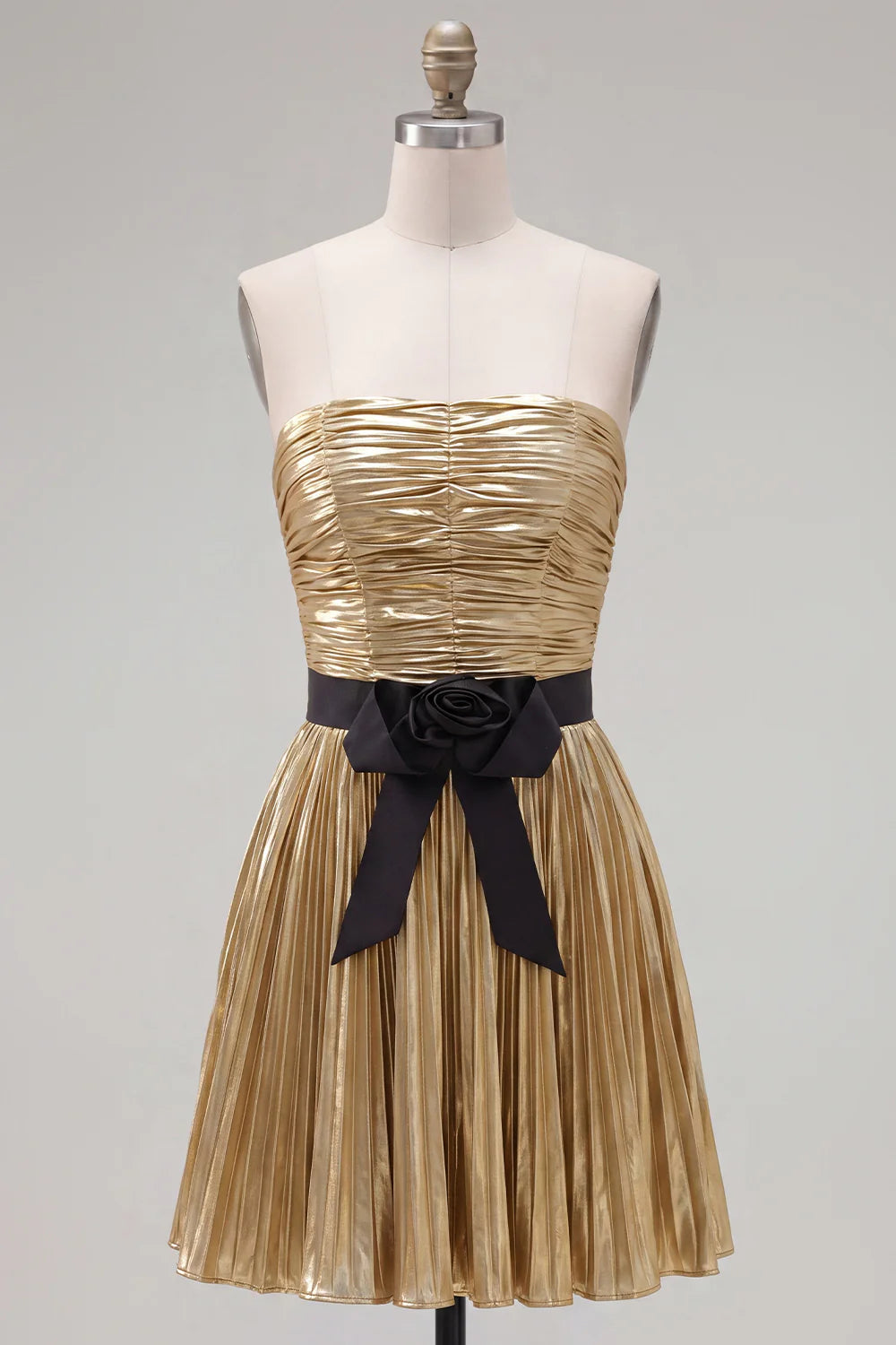 Metallic Golden Pleated A Line Strapless Homecoming Dress