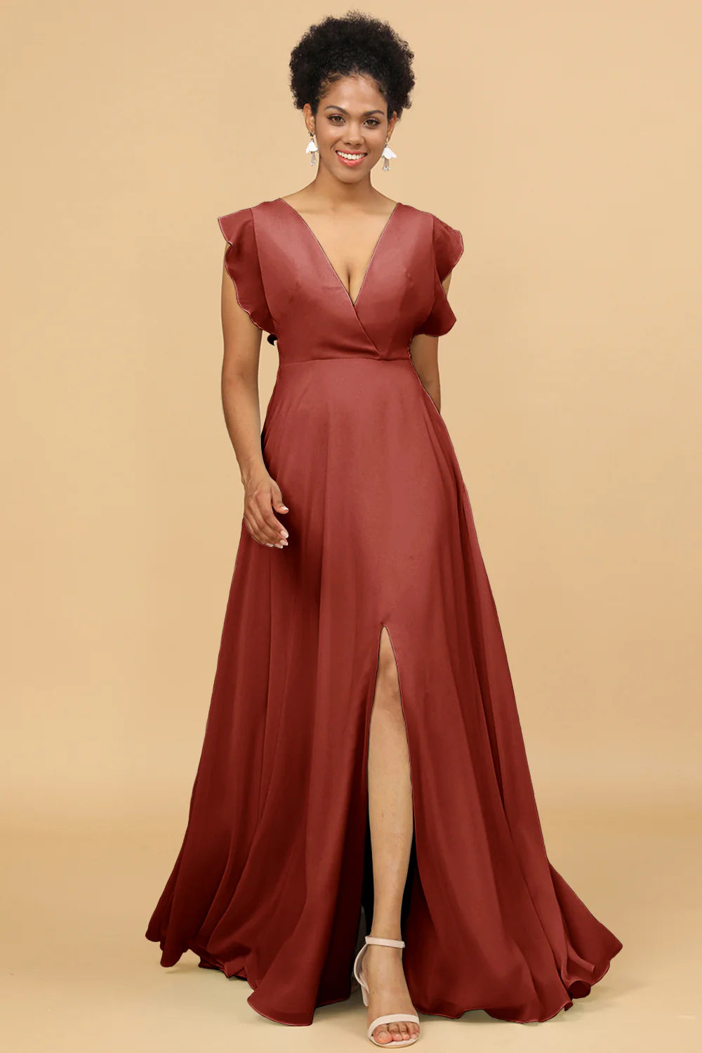 A Line V Neck Floor Length Chiffon Bridesmaid Dress with Slit