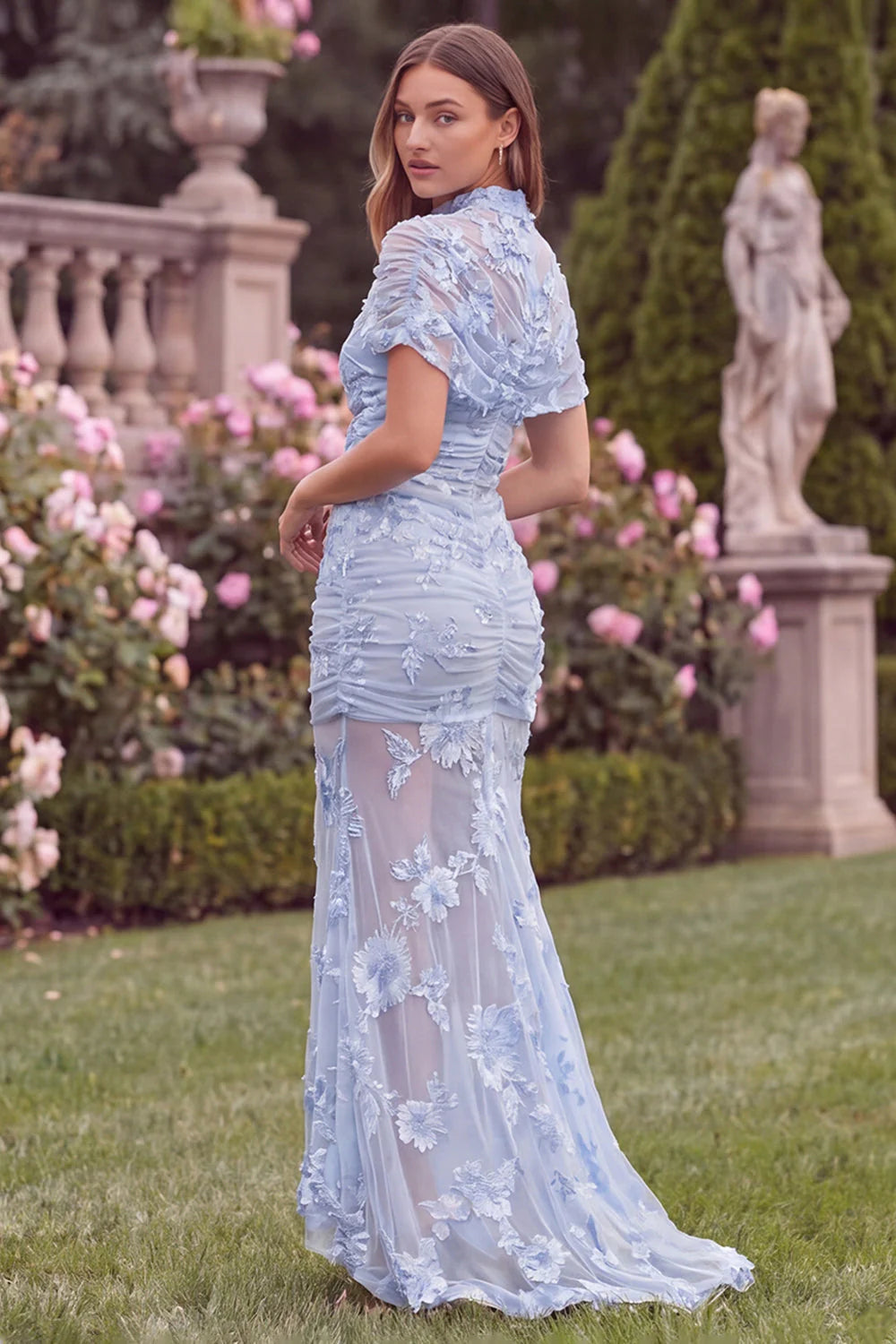 Sage High Neck Mermaid Floral Wedding Guest Dress with Short Sleeves