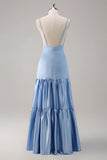 Sky Blue A Line V Neck Spaghetti Straps Ruffle Satin Bridesmaid Dress