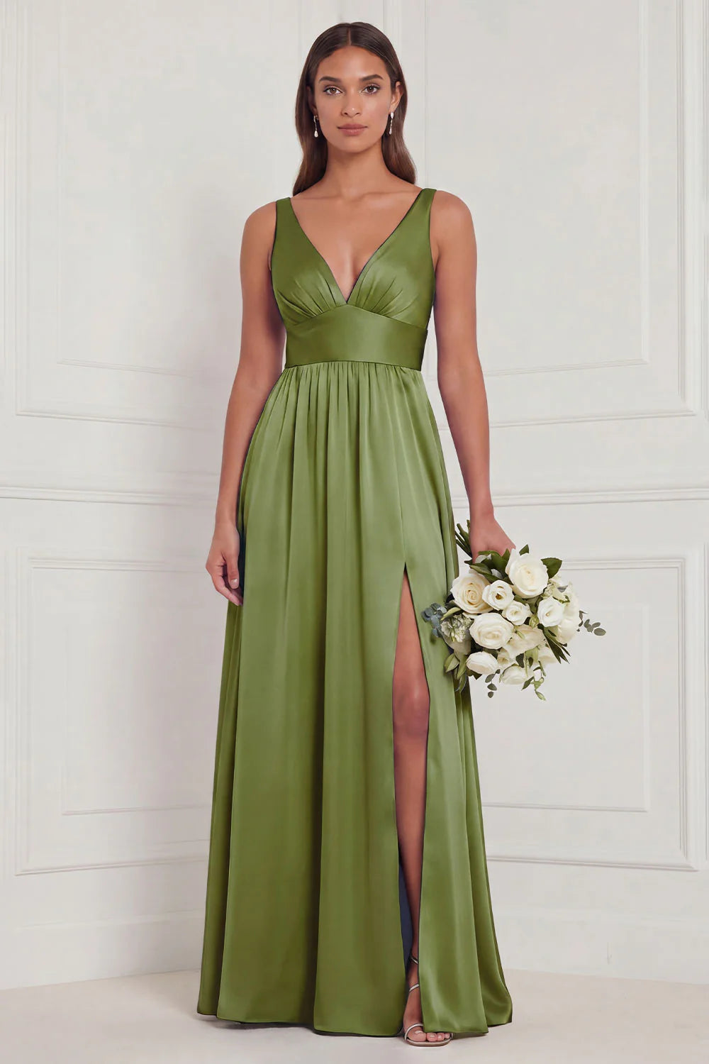 Dusty Blue A Line V Neck Bridesmaid Dress with Slit