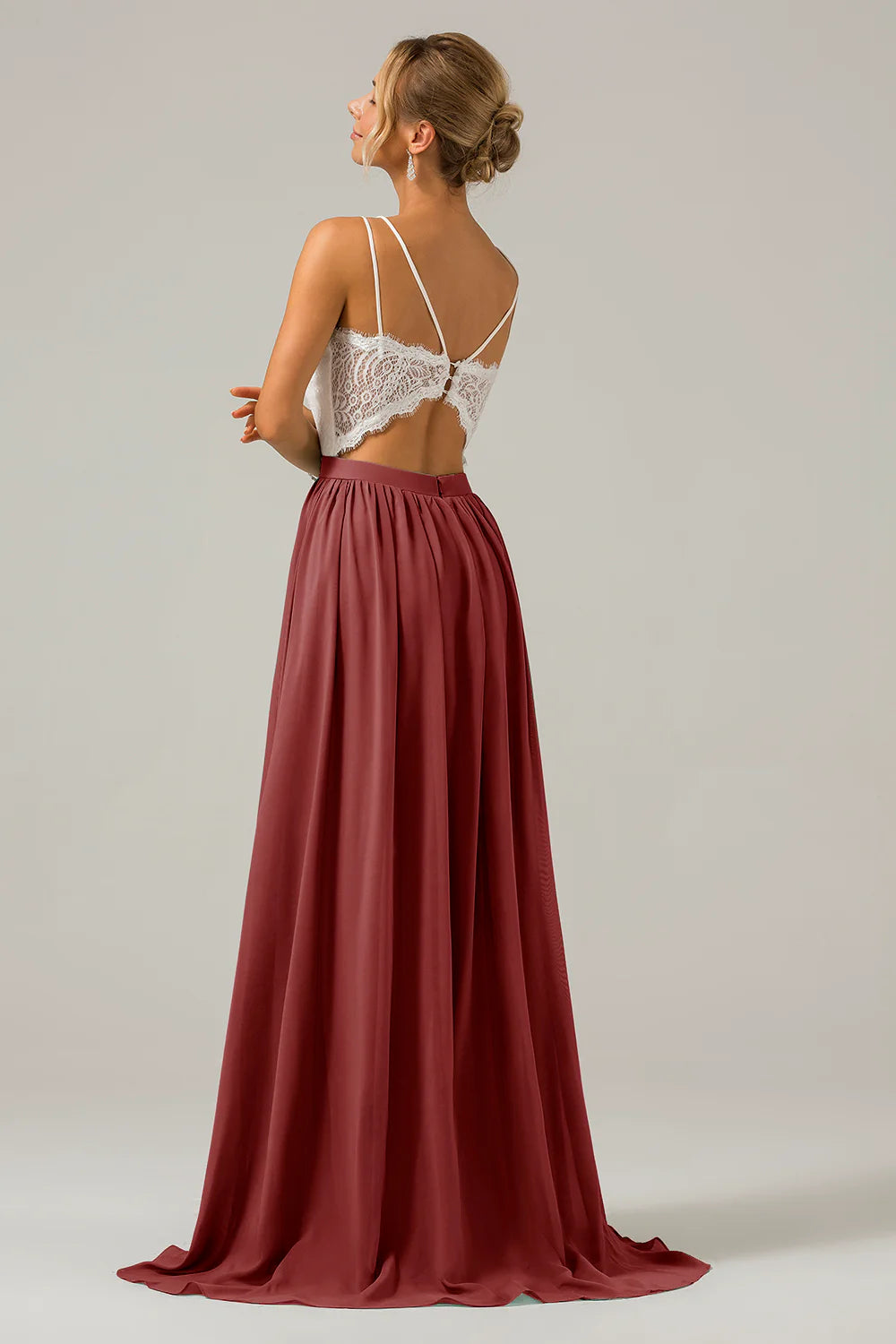 A Line Spaghetti Straps Pleated Long Bridesmaid Dress With Lace