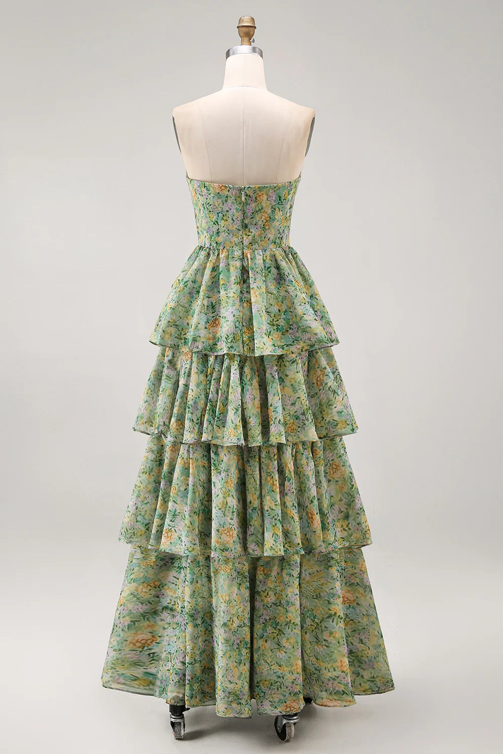 A Line Strapless Dusty Green Floral Wedding Guest Dress with Slit