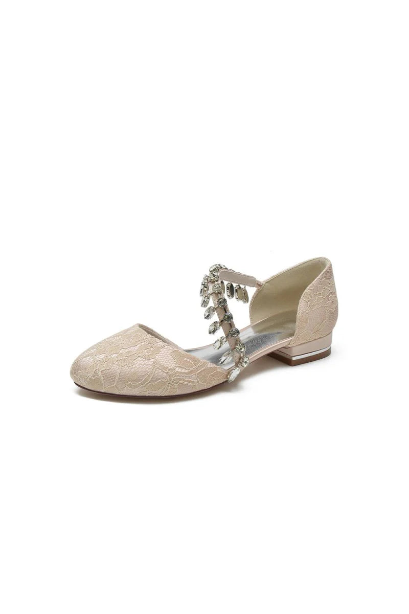 Crystal Strap Lace Round Toe Flats