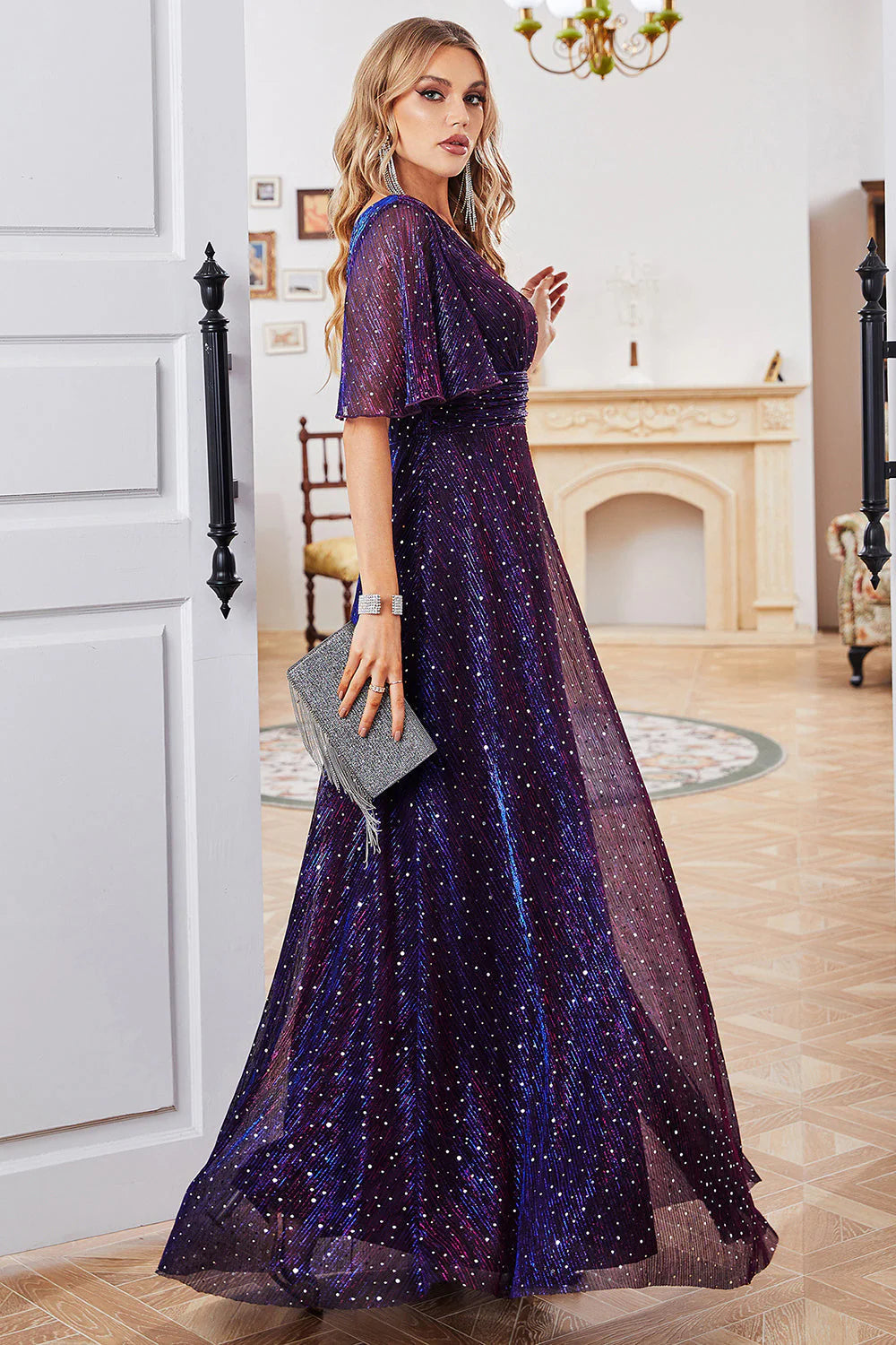 Sparkly A Line V Neck Purple Party Dress with Short Sleeves