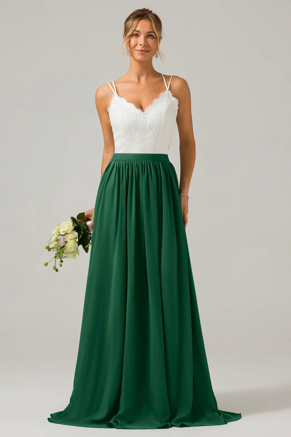 A Line Spaghetti Straps Pleated Long Bridesmaid Dress With Lace
