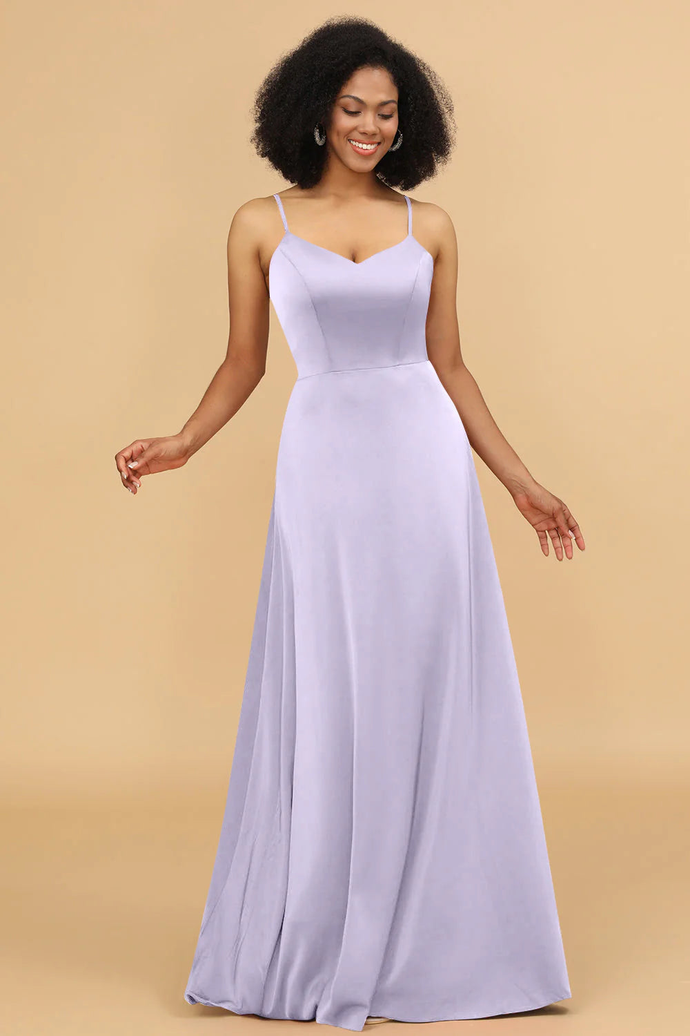 A Line Spaghetti Straps Floor Length Satin Bridesmaid Dress