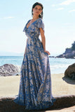Grey Blue A Line V Neck Burnout Velvet Floor Length Bridesmaid Dress with Cape Sleeves
