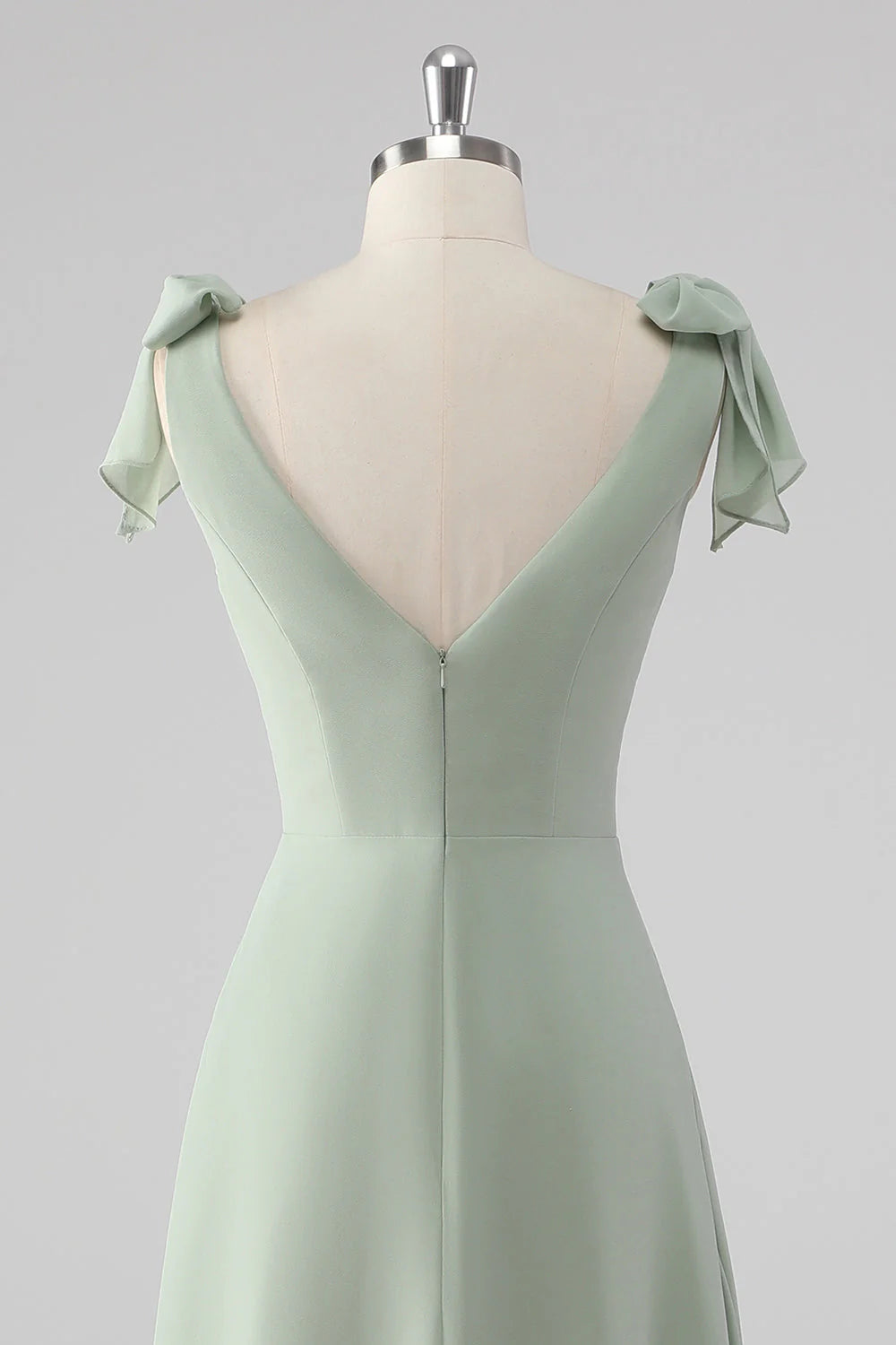 Sage Green A Line V Neck Bow Tie Straps Long Bridesmaid Dress with Slit