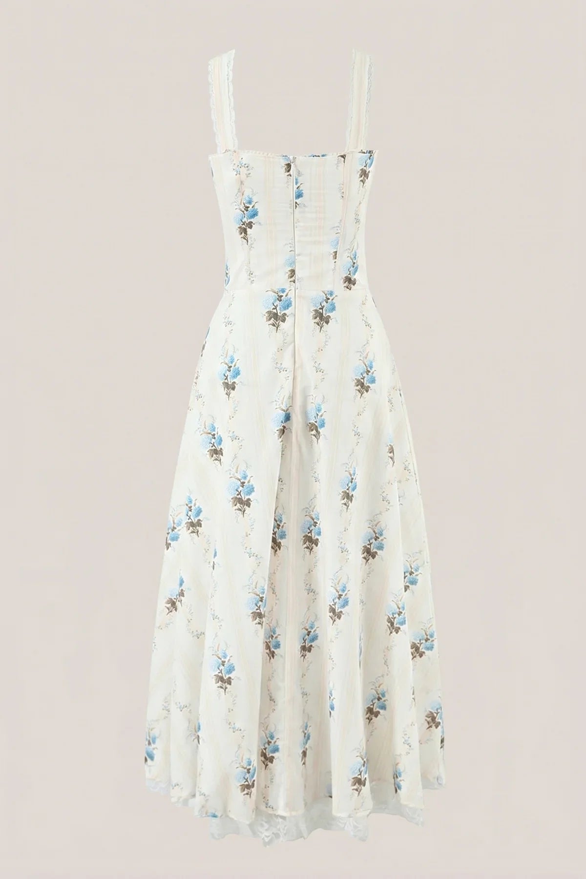 White Warm Rose Print Cotton Ruffled Midi Dress