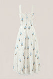 White Warm Rose Print Cotton Ruffled Midi Dress