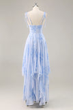 A Line Spaghetti Straps Long Blue Floral Bridesmaid Dress with Ruffles