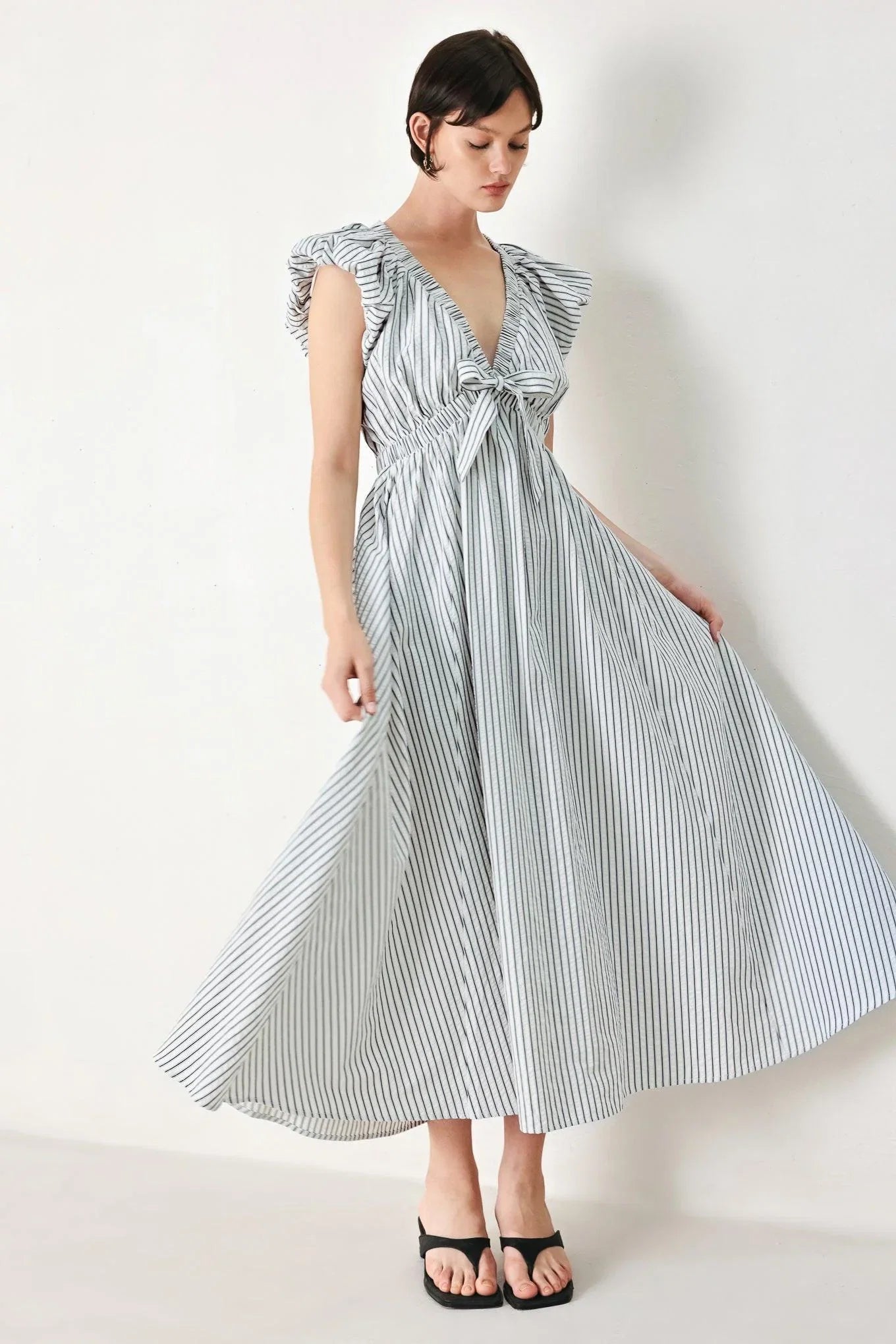 WHISPER STRIPE EMPIRE WAIST MIDI DRESS
