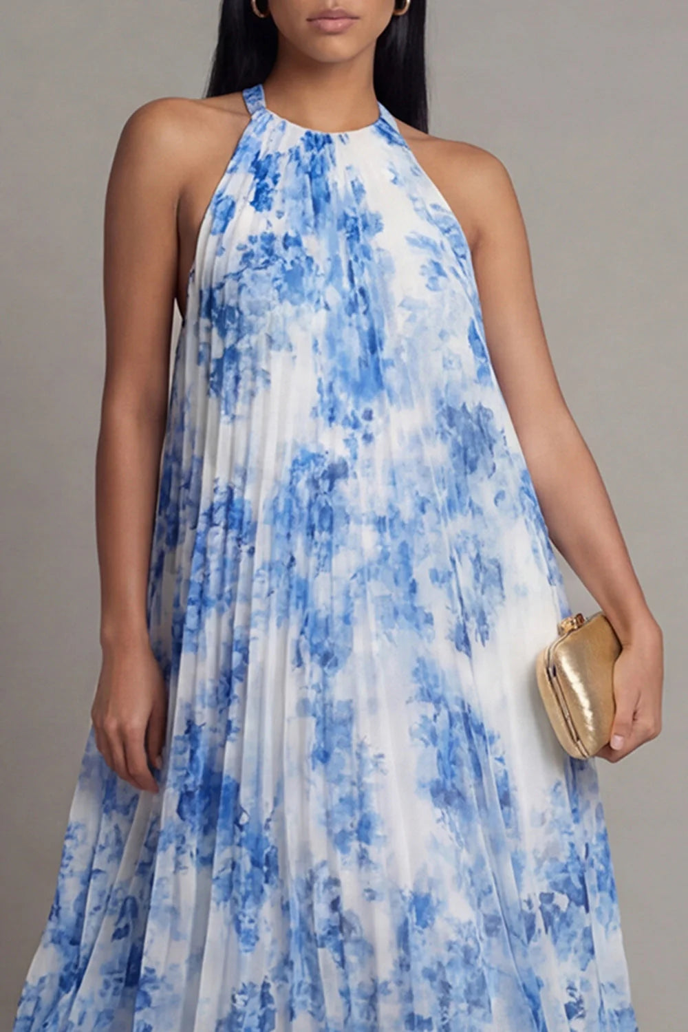 Halter Pleated A Line Sky Blue Wedding Guest Dress