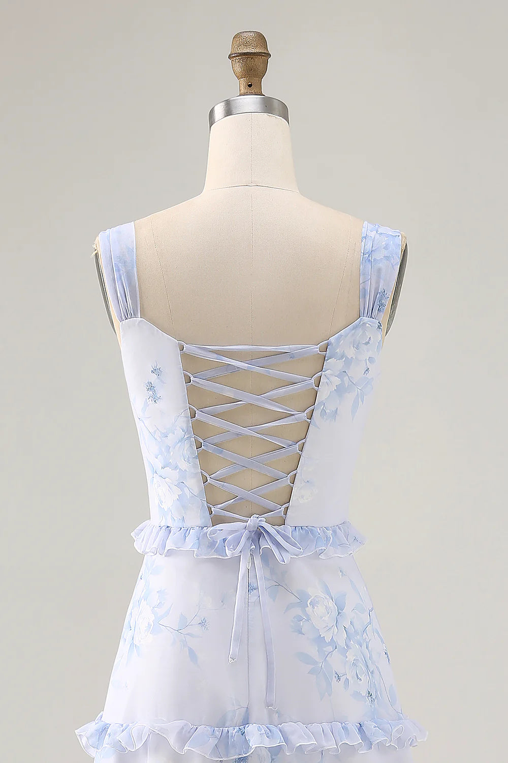 Blue Flower A Line Printed Long Bridesmaid Dress with Lace Up Back