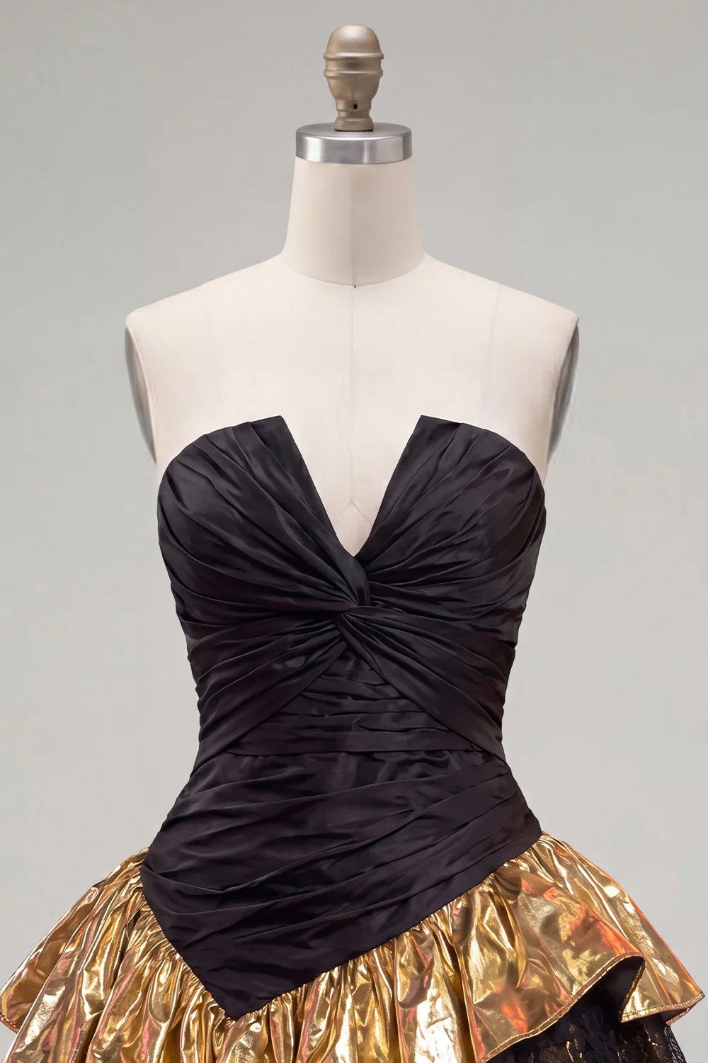 Strapless Black Golden Ruched A Line Homecoming Dress with Lace
