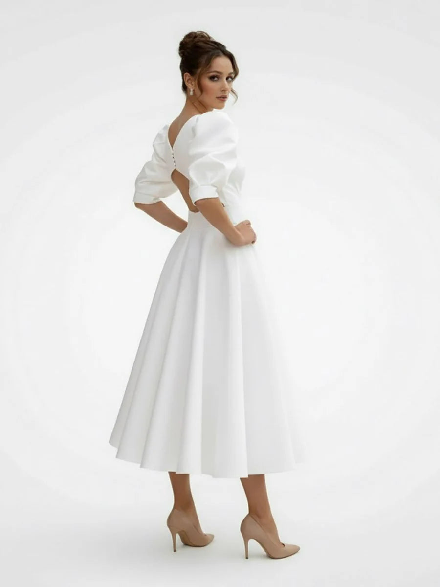 Elegant Bateau A Line Satin Knee length Wedding Dress