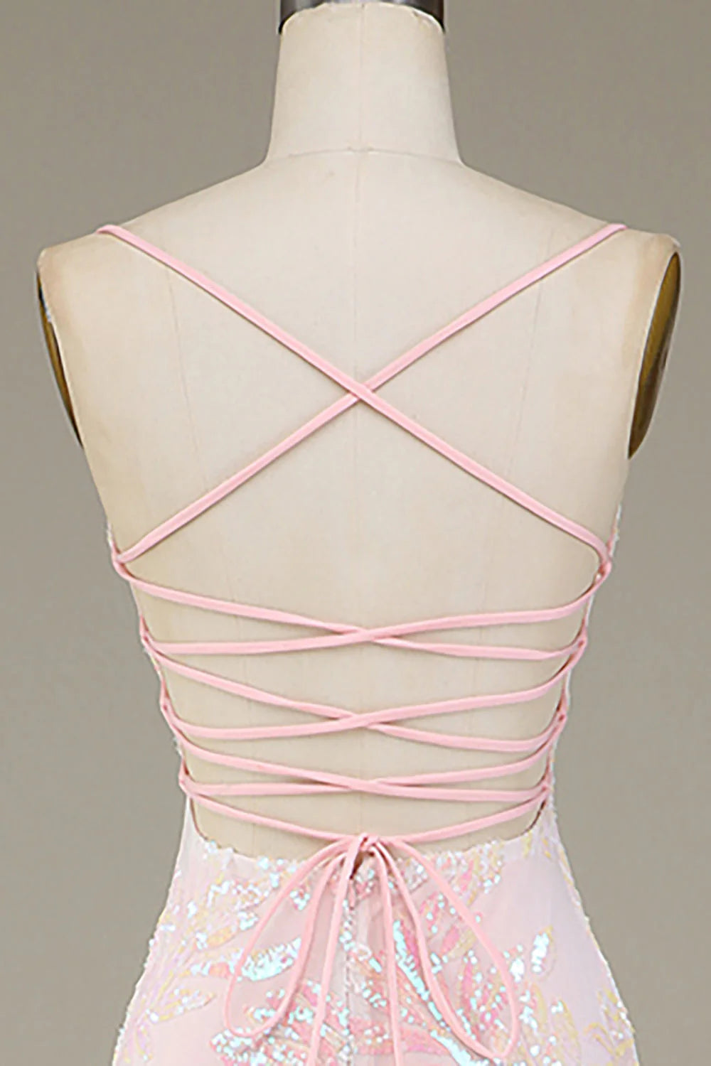 Pink Mermaid Spaghetti Straps Sparkly Long Prom Dress with Slit