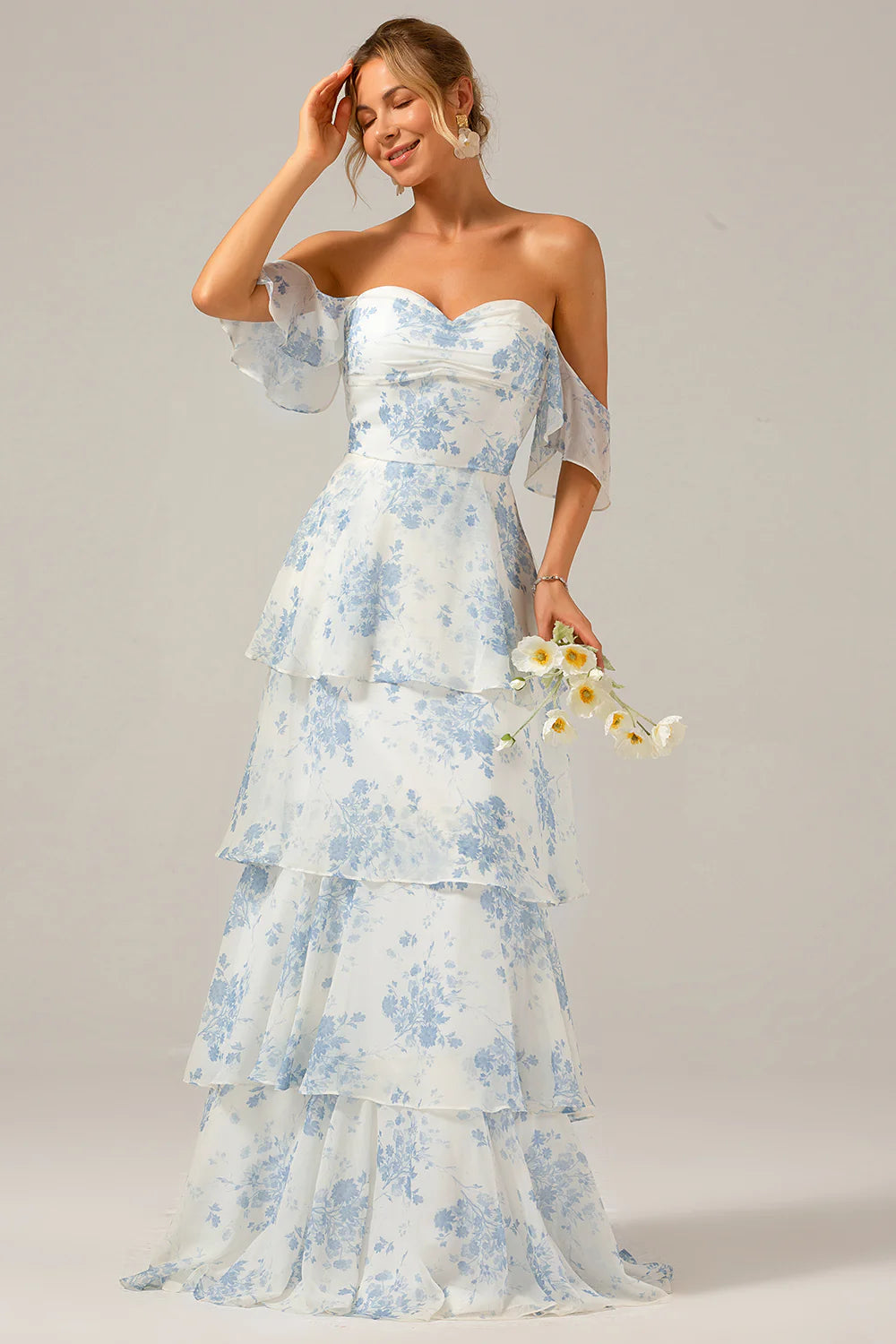 White Blue Floral A Line Off The Shoulder Tiered Print Bridesmaid Dress