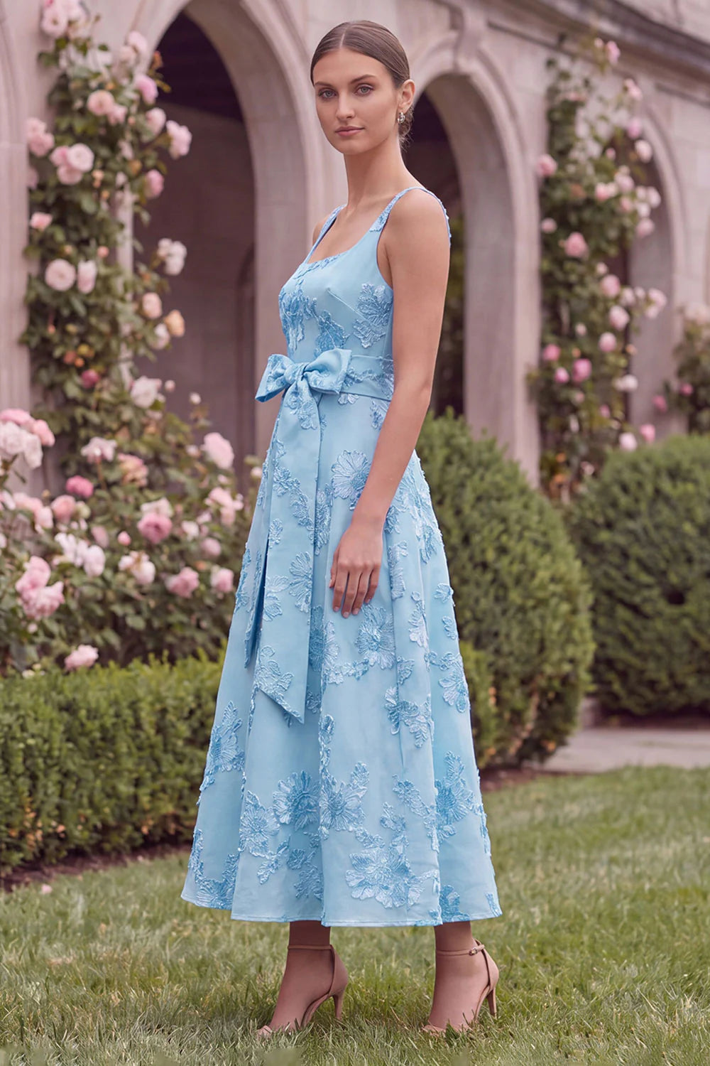 Sage Floral A Line Embroidery Square Neck Wedding Guest Dress with Bow