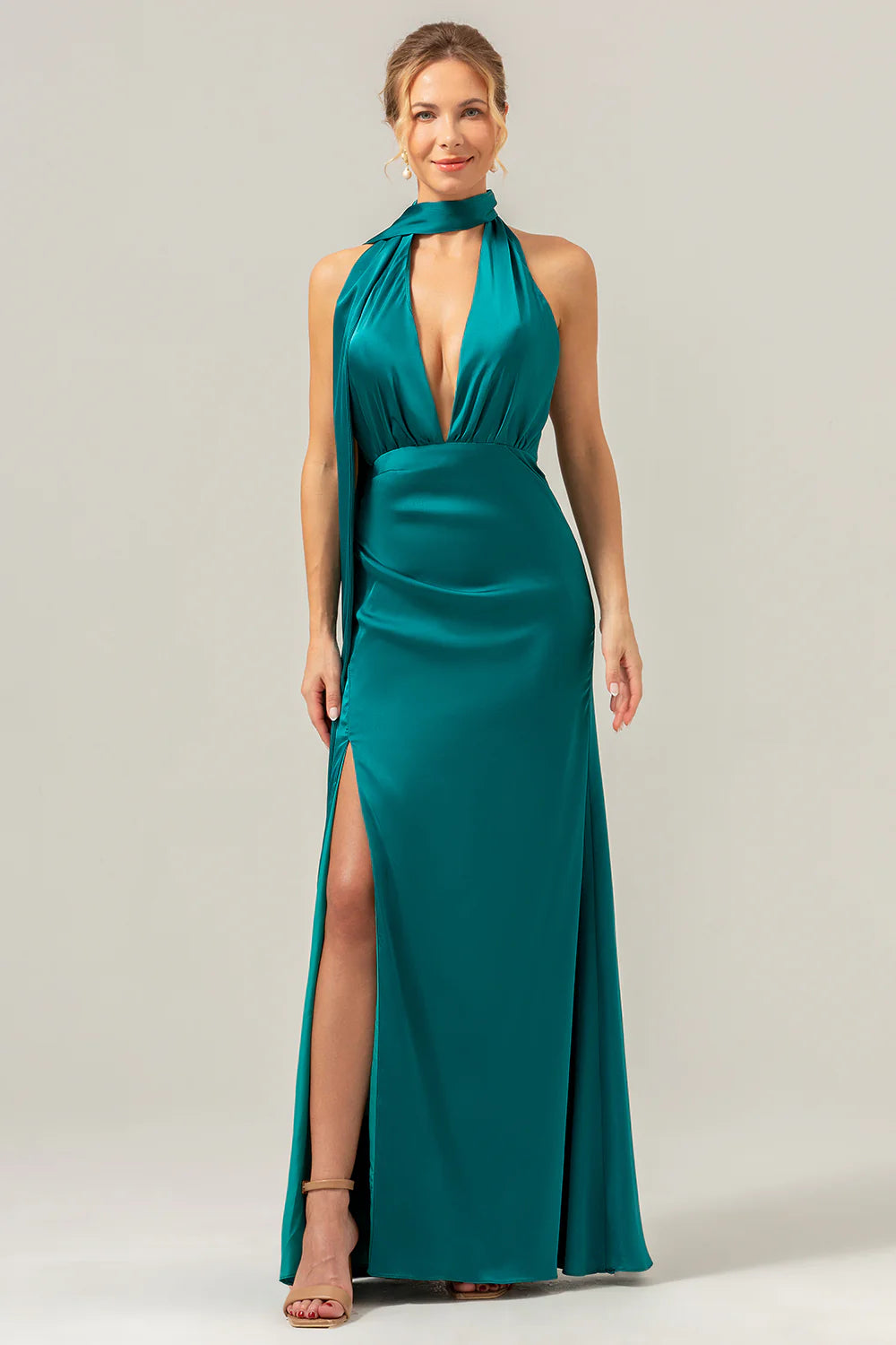 Peacock Sheath Deep V Neck Open Back Convertible Long Satin Bridesmaid Dress with Streamer