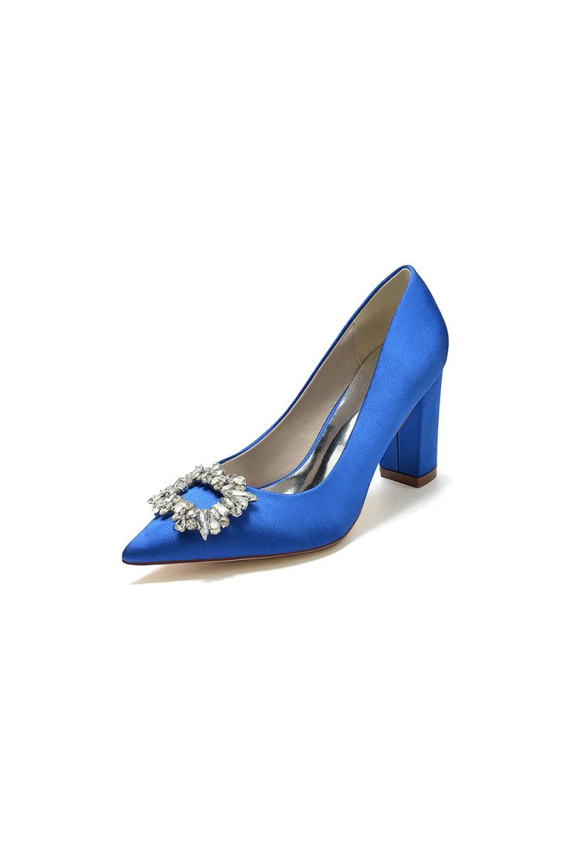 Pointed Toe Block Heels with Rhinestone