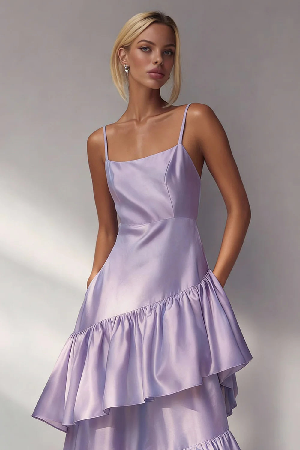 Light Blue A Line Tiered Ruffle Spaghetti Straps Long Formal Dress
