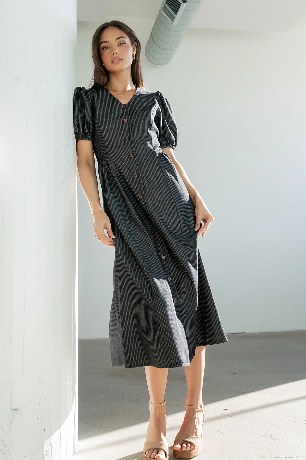 Conley Pinstripe Midi Dress in Black