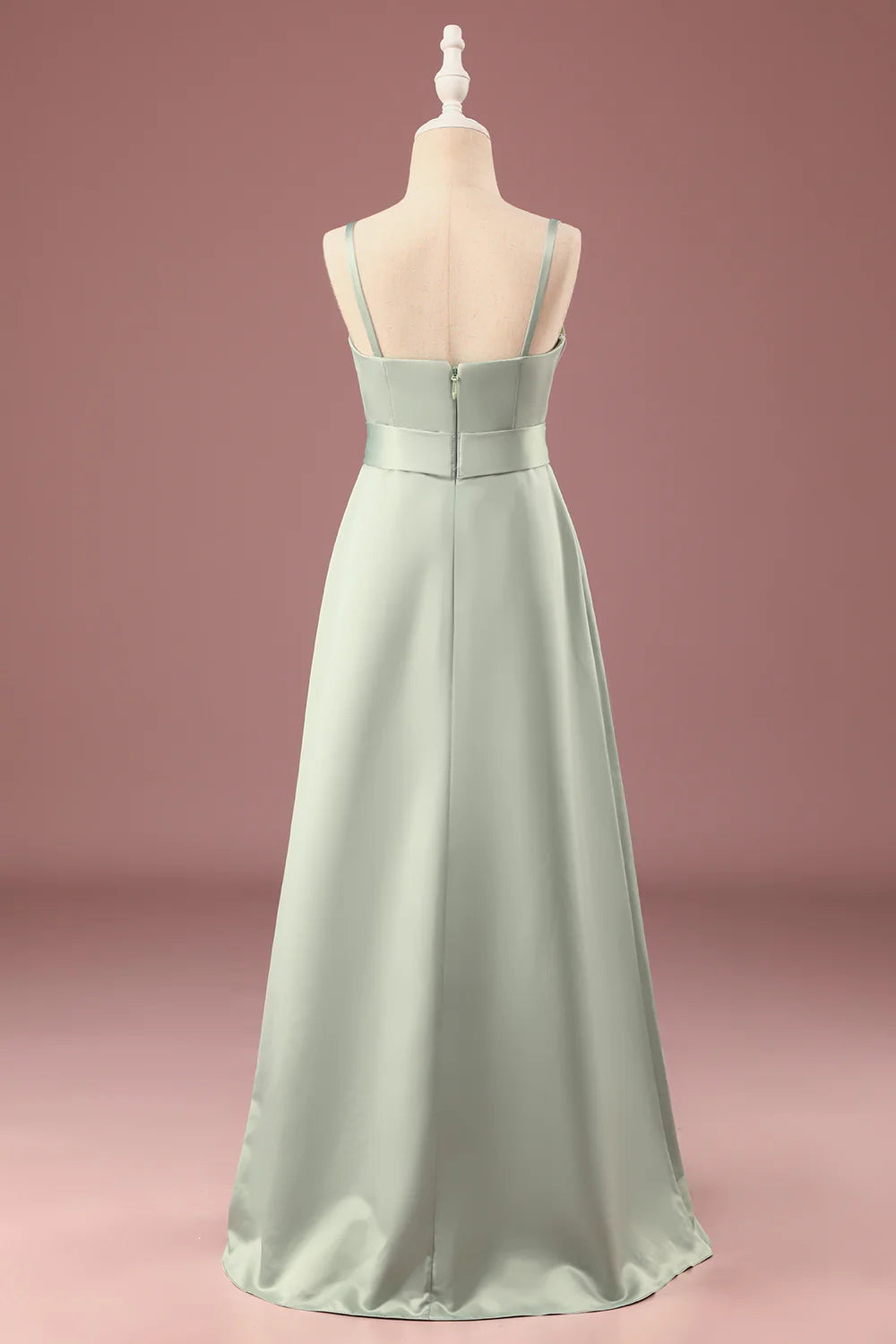 Matcha A line Spaghetti Straps Long Satin Junior Bridesmaid Dress