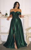 FANNING GOWN OFF THE SHOULDER SEQUIN CORSET SATIN DRESS
