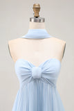 Sky Blue A Line Strapless Pleated Chiffon Long Convertible Dress