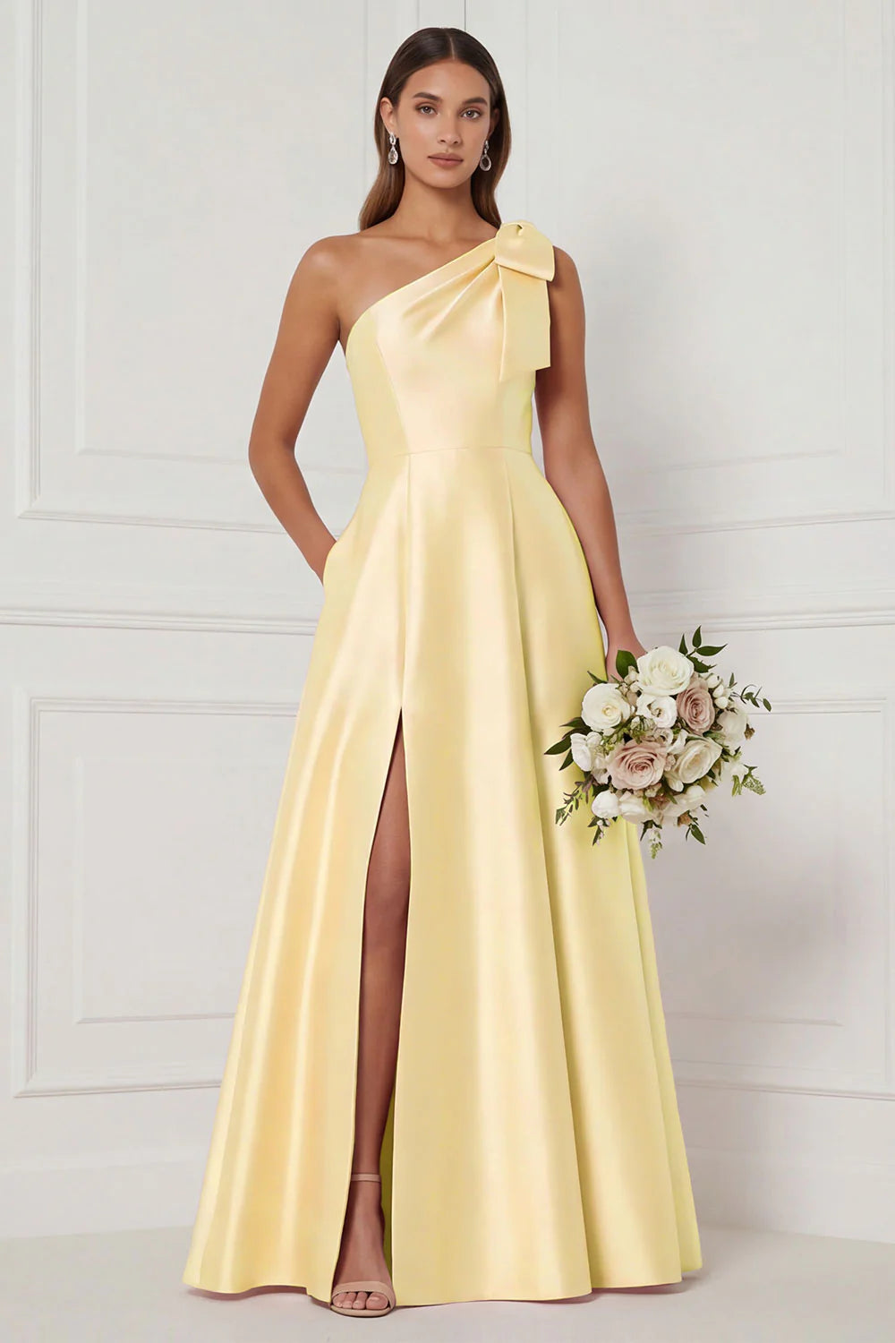 One Shoulder A Line Satin Pink Bridesmaid Dress with Slit