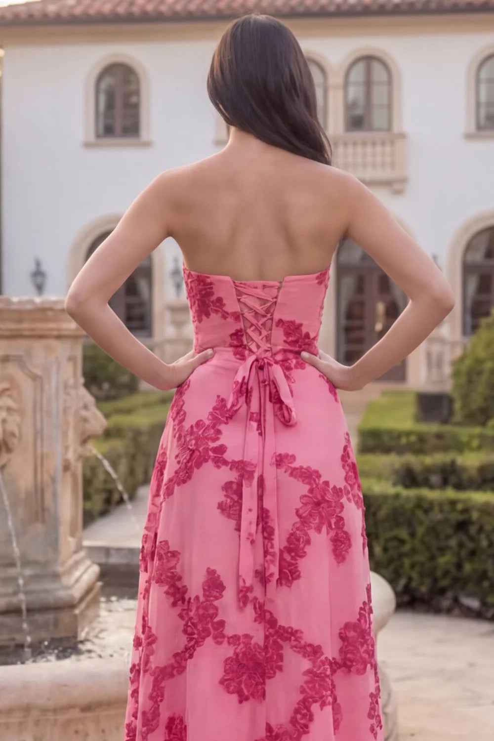 Hot Pink Floral A Line Strapless Corset Midi Wedding Guest Dress