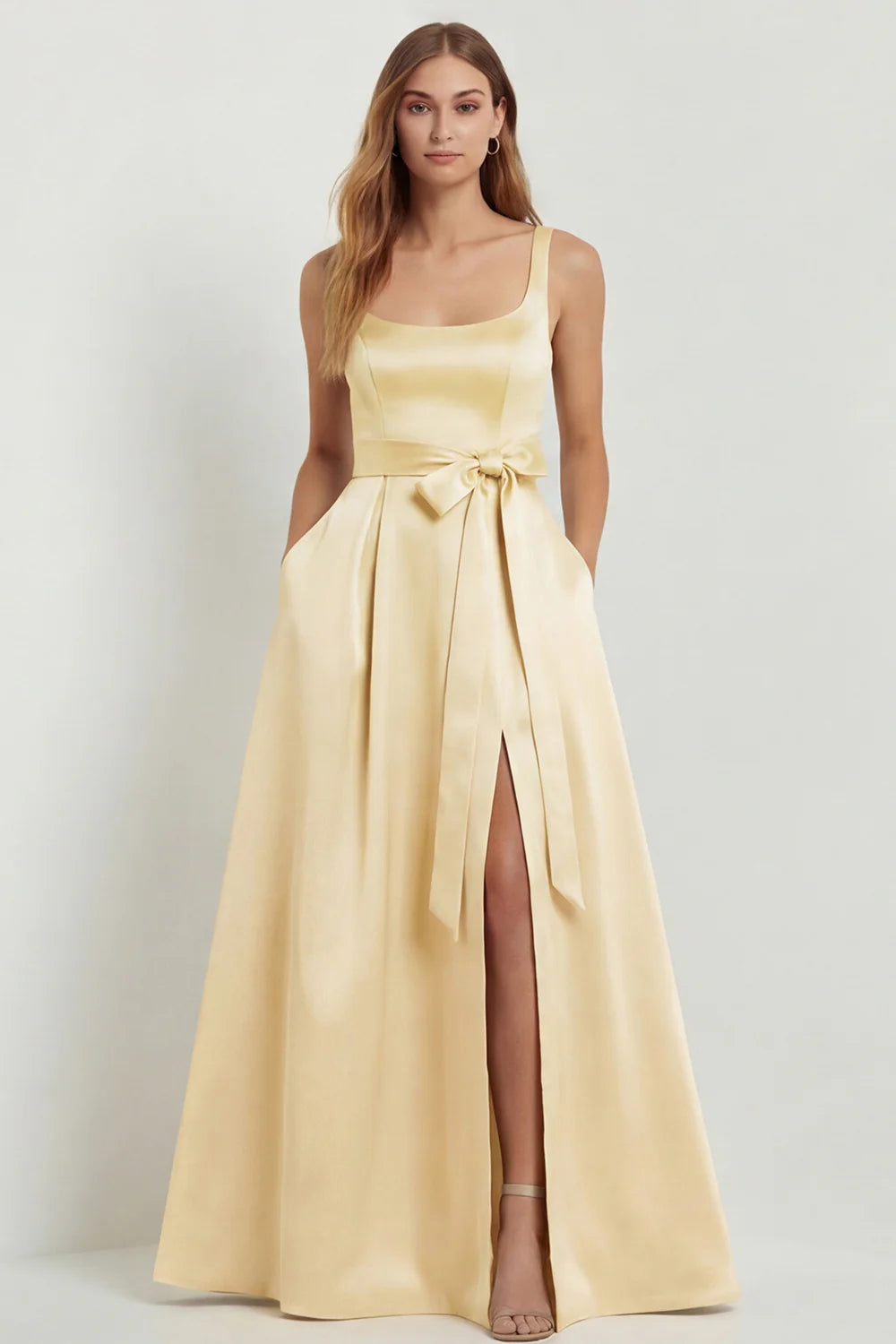 Light Blue A Line Square Neck Bow Satin Long Bridesmaid Dress with Slit