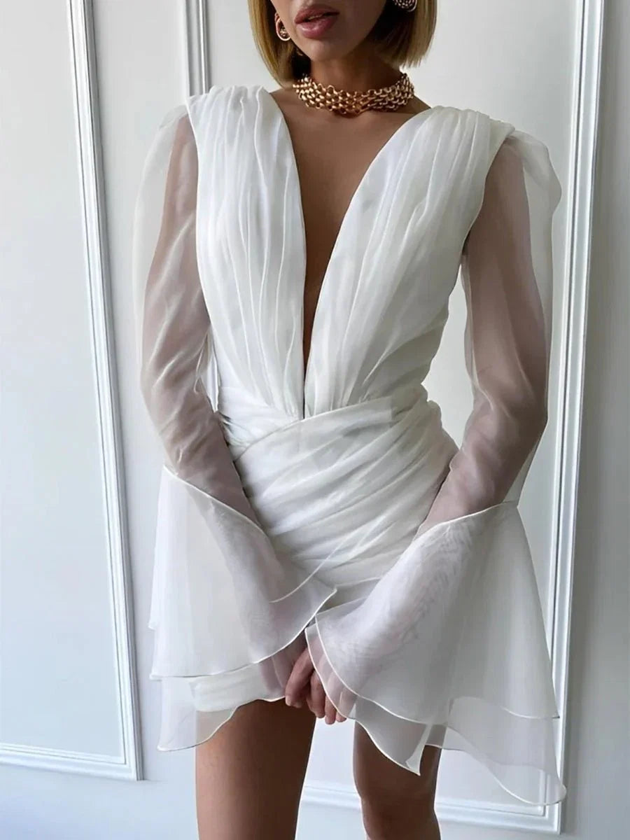 Sheath V Neck Long Sleeves Short Mini Tulle Little White Wedding Dresses