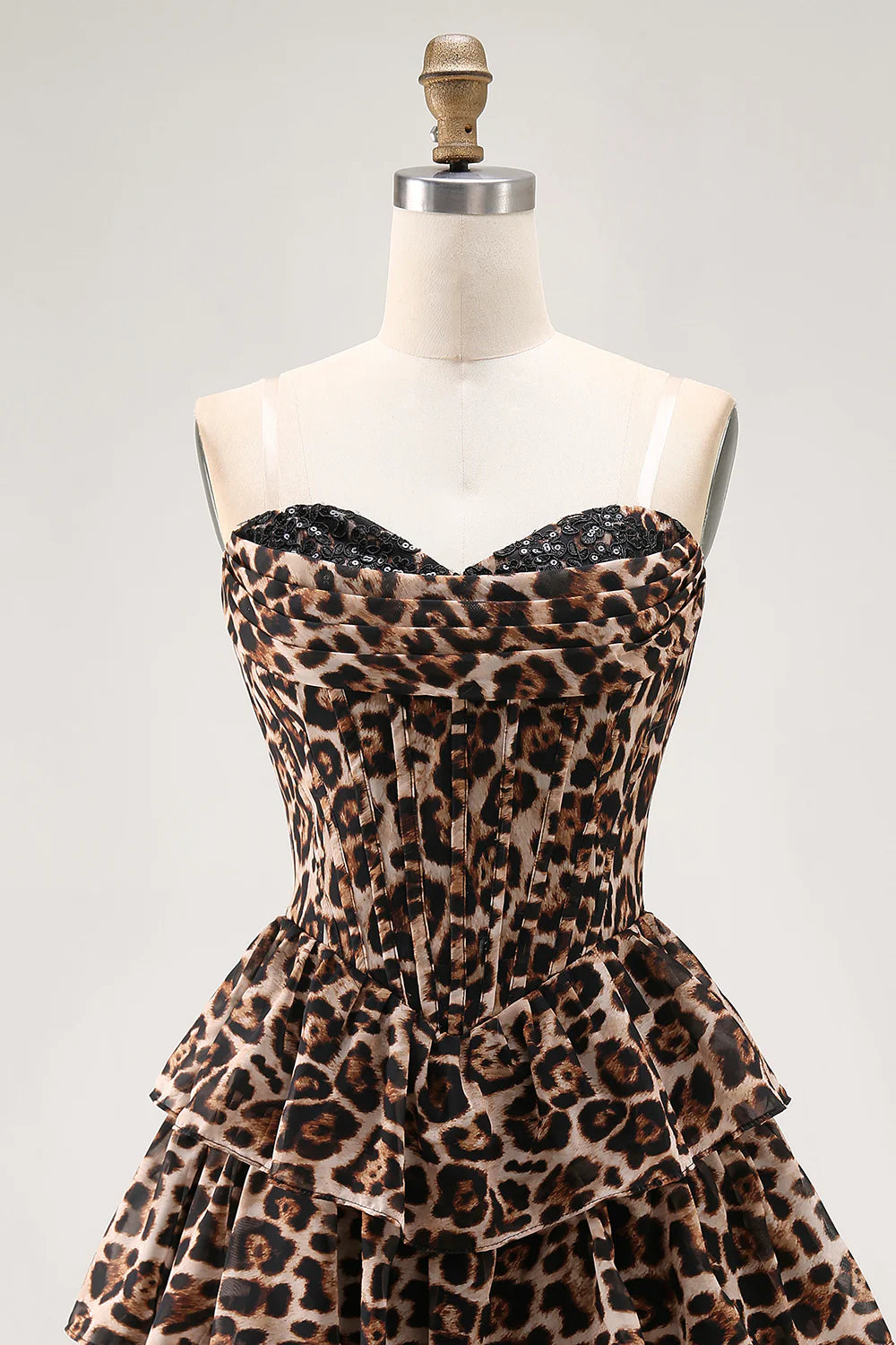 Brown Leopard Strapless Ruffled A Line Corset Mini Homecoming Dress