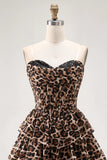 Brown Leopard Strapless Ruffled A Line Corset Mini Homecoming Dress