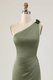 Eucalyptus Mermaid One Shoulder Long Bridesmaid Dress with Slit